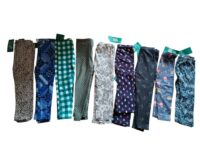 A row of colourful printed leggings for girls in various patterns and designs