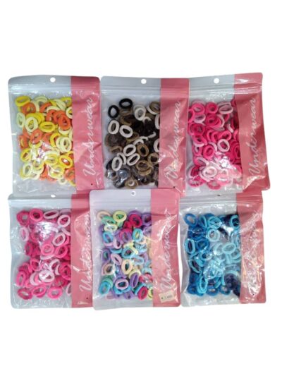 Assorted colorful elastic hair ties in packs, 100 pieces per pack, ideal for kids and adults Assorted colorful elastic hair ties in packs, 100 pieces per pack, ideal for kids and adults